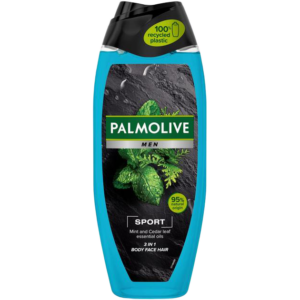 Palmolive Men Sport 3-in-1 Body, Face & Hair Wash bottle with mint and cedar leaf essential oils, 95% natural origin, in 100% recycled plastic packaging.