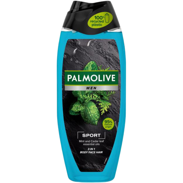 Palmolive Men Sport 3-in-1 Body, Face & Hair Wash bottle with mint and cedar leaf essential oils, 95% natural origin, in 100% recycled plastic packaging.