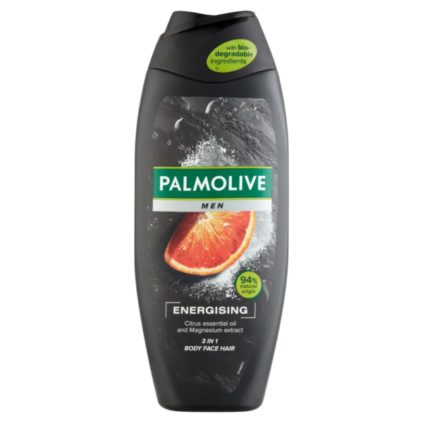 Palmolive Men Energising 3-in-1 Body, Face & Hair Wash bottle with citrus essential oil and magnesium extract, 94% natural origin, biodegradable ingredients.