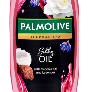 Palmolive Thermal Spa Silky Oil Shower Gel bottle with coconut oil and lavender, featuring a pink design and 95% natural origin label.