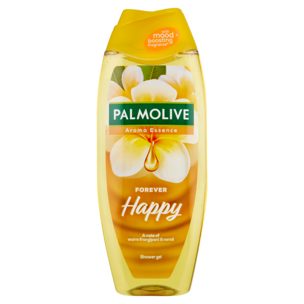 Palmolive Aroma Essence Forever Happy Shower Gel bottle with warm frangipani and neroli scent, in a yellow container featuring a mood-boosting fragrance label.