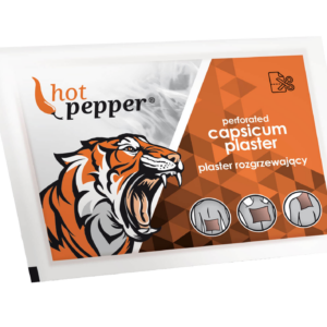 Hot Pepper Perforated Capsicum Plaster packaging featuring a roaring tiger and three icons showing application areas on the back, shoulder, and chest.