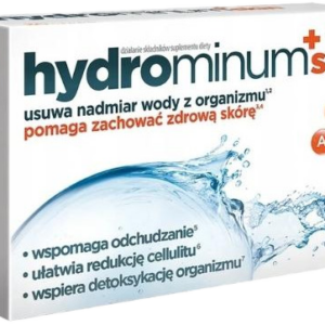 Hydrominum Skin supplement box showing benefits of water retention reduction, skin health, weight loss, and cellulite reduction, with vitamins A, E, and zinc.