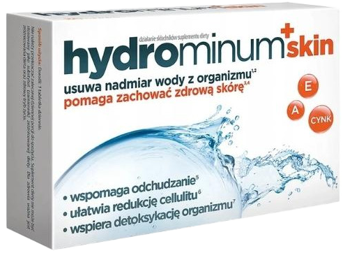 Hydrominum Skin supplement box showing benefits of water retention reduction, skin health, weight loss, and cellulite reduction, with vitamins A, E, and zinc.