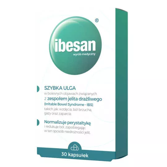 Ibesan 30-capsule packaging for fast relief of IBS symptoms like bloating, gas, and constipation.