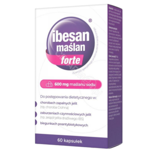 Ibesan Maślan Forte 60-capsule packaging with 600 mg sodium butyrate for managing IBD, IBS, and post-antibiotic diarrhea.