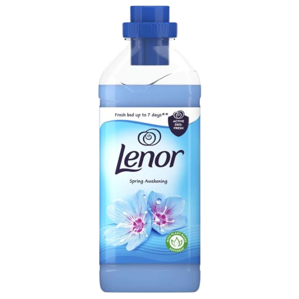 A bottle of Lenor Fabric Softener in the "Spring Awakening" scent, featuring blue flowers on the label and designed for long-lasting freshness up to 7 days.