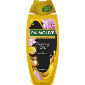 Palmolive Thermal Spa Pampering Oil Shower Gel bottle featuring macadamia oil and floral accents, in a yellow container with 95% natural origin label.