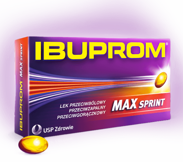 Box of Ibuprom Max Sprint, fast-acting ibuprofen capsules for pain relief, with a yellow liquid capsule next to it.