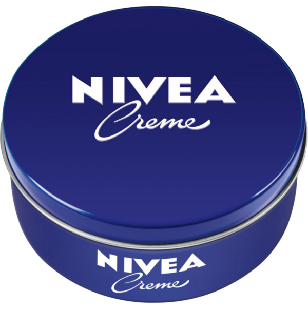 A blue tin of Nivea Creme moisturizer, featuring the brand's white logo and a smooth, rounded lid.