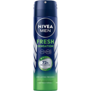 NIVEA Men Fresh Sensation Anti-Perspirant Spray, 150ml can, offering 72-hour sweat and odor protection with antibacterial properties.