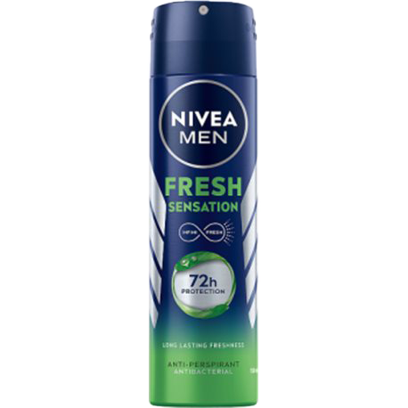 NIVEA Men Fresh Sensation Anti-Perspirant Spray, 150ml can, offering 72-hour sweat and odor protection with antibacterial properties.