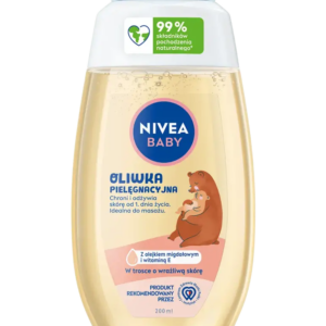 NIVEA Baby Care Oil bottle with 99% natural ingredients label, featuring a mother bear holding her baby, with almond oil and Vitamin E for sensitive skin care.