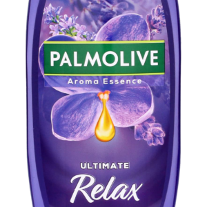 Palmolive Aroma Essence Ultimate Relax Shower Gel bottle with calming lavender and ylang ylang scent, in a purple container featuring a mood-boosting fragrance label.