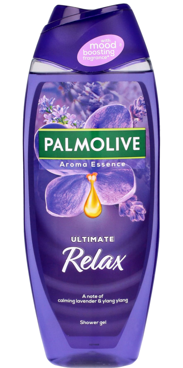 Palmolive Aroma Essence Ultimate Relax Shower Gel bottle with calming lavender and ylang ylang scent, in a purple container featuring a mood-boosting fragrance label.