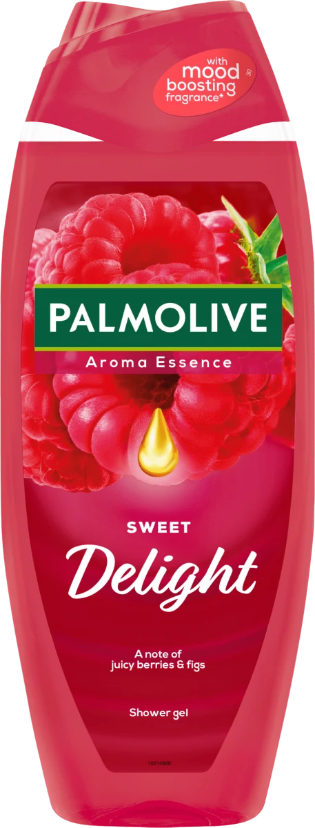 Palmolive Aroma Essence Sweet Delight Shower Gel bottle with juicy berries and figs scent, in a pink container featuring a mood-boosting fragrance label.