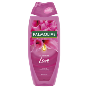 Palmolive Aroma Essence Alluring Love Shower Gel bottle with soft rose and peony scent, in a pink container featuring mood-boosting fragrance label.