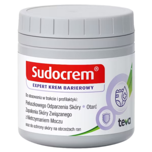 A jar of Sudocrem Expert barrier cream, designed for skin protection against diaper rash, minor abrasions, and inflammation from incontinence.