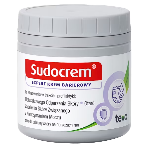 A jar of Sudocrem Expert barrier cream, designed for skin protection against diaper rash, minor abrasions, and inflammation from incontinence.