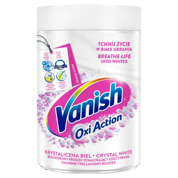 Vanish Oxi Action Crystal White stain remover powder in a white container with pink and blue branding.