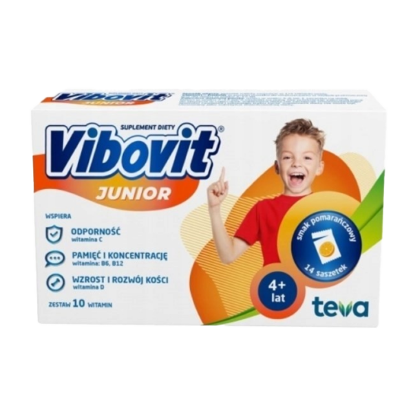 Vibovit Junior Orange 14 sachets box, supplement for children 4+, displayed with bright packaging and a smiling child on the front.