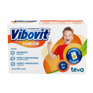 Vibovit Junior Orange 30 sachets box, dietary supplement for children aged 4+, featuring a child raising their hand with an orange-flavored label.