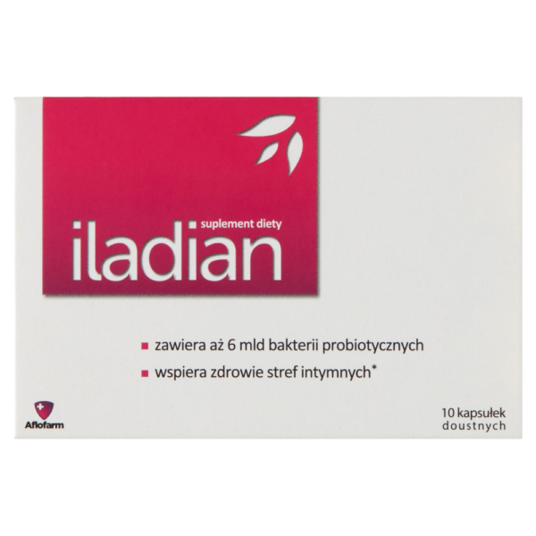 Iladian dietary supplement box with 10 capsules, featuring a red label and text highlighting 6 billion probiotic bacteria for intimate health.