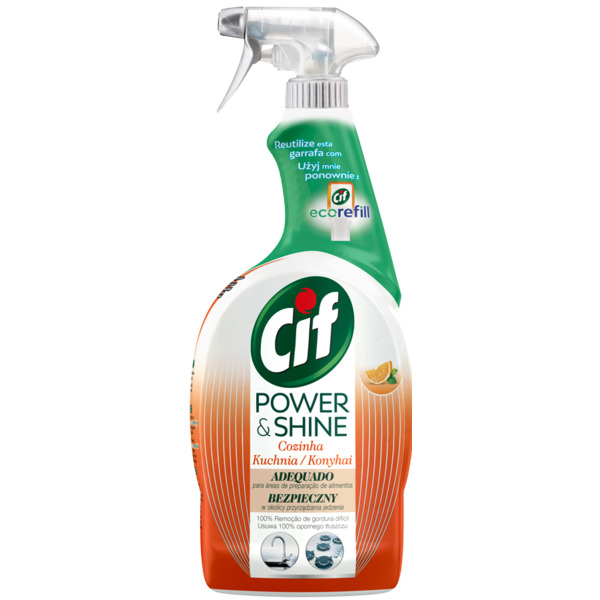 Cif Power & Shine Kitchen Cleaner, spray bottle with citrus formula, designed for tough grease removal and kitchen cleaning.