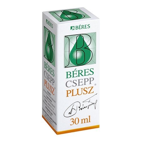 Bottle and packaging of Béres Csepp Plusz 30 ml dietary supplement, supporting immunity and overall health.