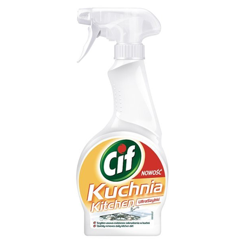 Cif Ultra Fast Kitchen Cleaner spray bottle, ideal for removing grease and grime from kitchen surfaces