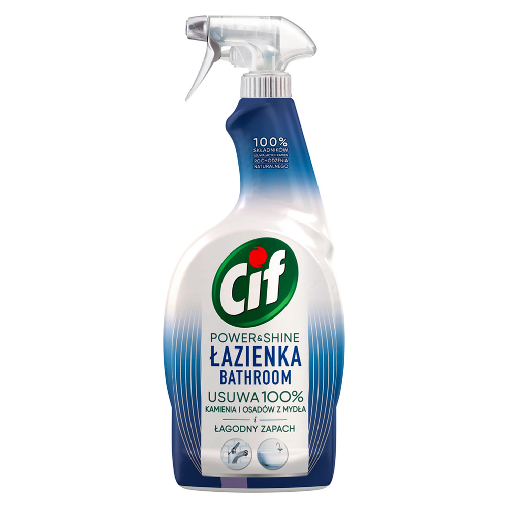 Cif Power & Shine Bathroom Cleaner, 100% natural ingredients, spray bottle for limescale and soap scum removal.