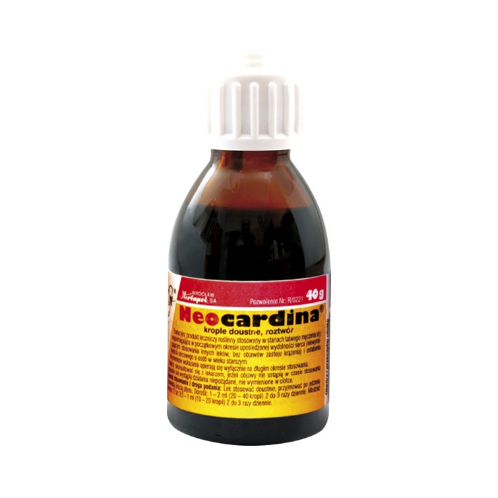 Bottle of Neocardina oral drops, a herbal solution indicated for cardiovascular support, with red and black label detailing composition and instructions in Polish, 40g