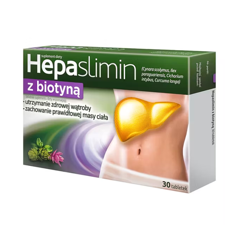 Box of Hepaslimin dietary supplement with biotin, 30 tablets packaging, emphasizing liver health and proper body weight maintenance, displayed with key ingredients like Cynara scolymus, Ilex paraguariensis, Cichorium intybus, and Curcuma longa.