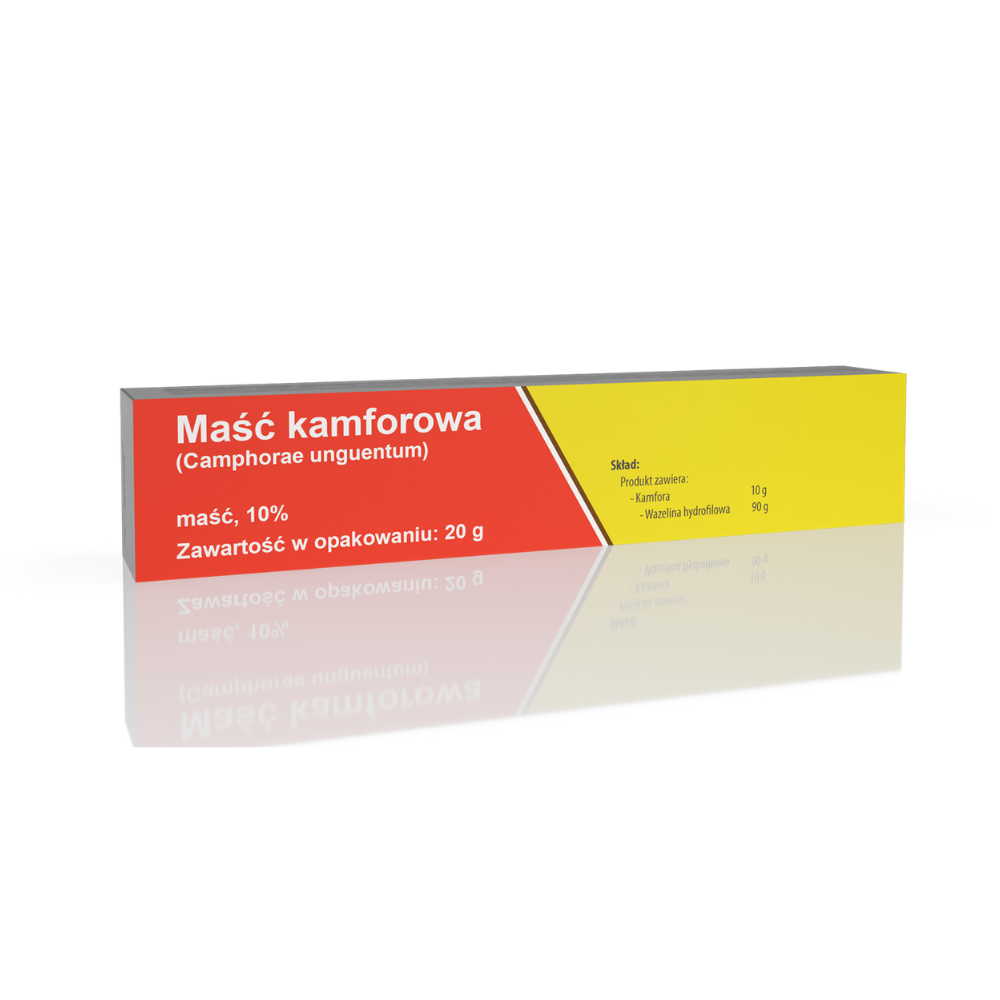 Box of Maść kamforowa (Camphor ointment), which is divided into a red and yellow section. The packaging details that the ointment contains 10% camphor, with a total content of 20 grams. The ingredients listed include 10g camphor and 90g white petrolatum. The text is mainly in Polish, highlighting the product's specifics and its pharmaceutical concentration.
