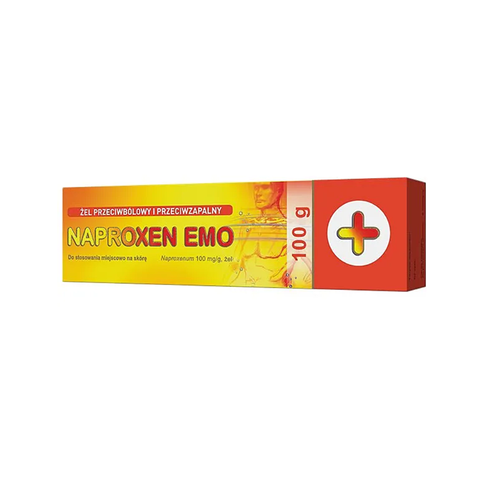Naproxen Emo Gel 100g box, a topical anti-inflammatory and pain-relief gel with 100 mg/g naproxen for external use.