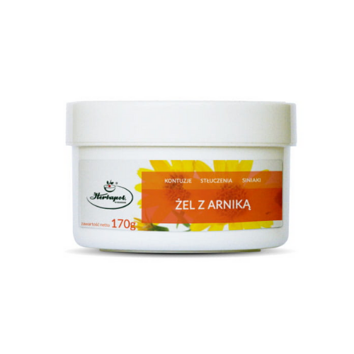 "Container of Herbapol Arnica Gel, 170g, for bruises, sprains, and contusions, with orange flower design.