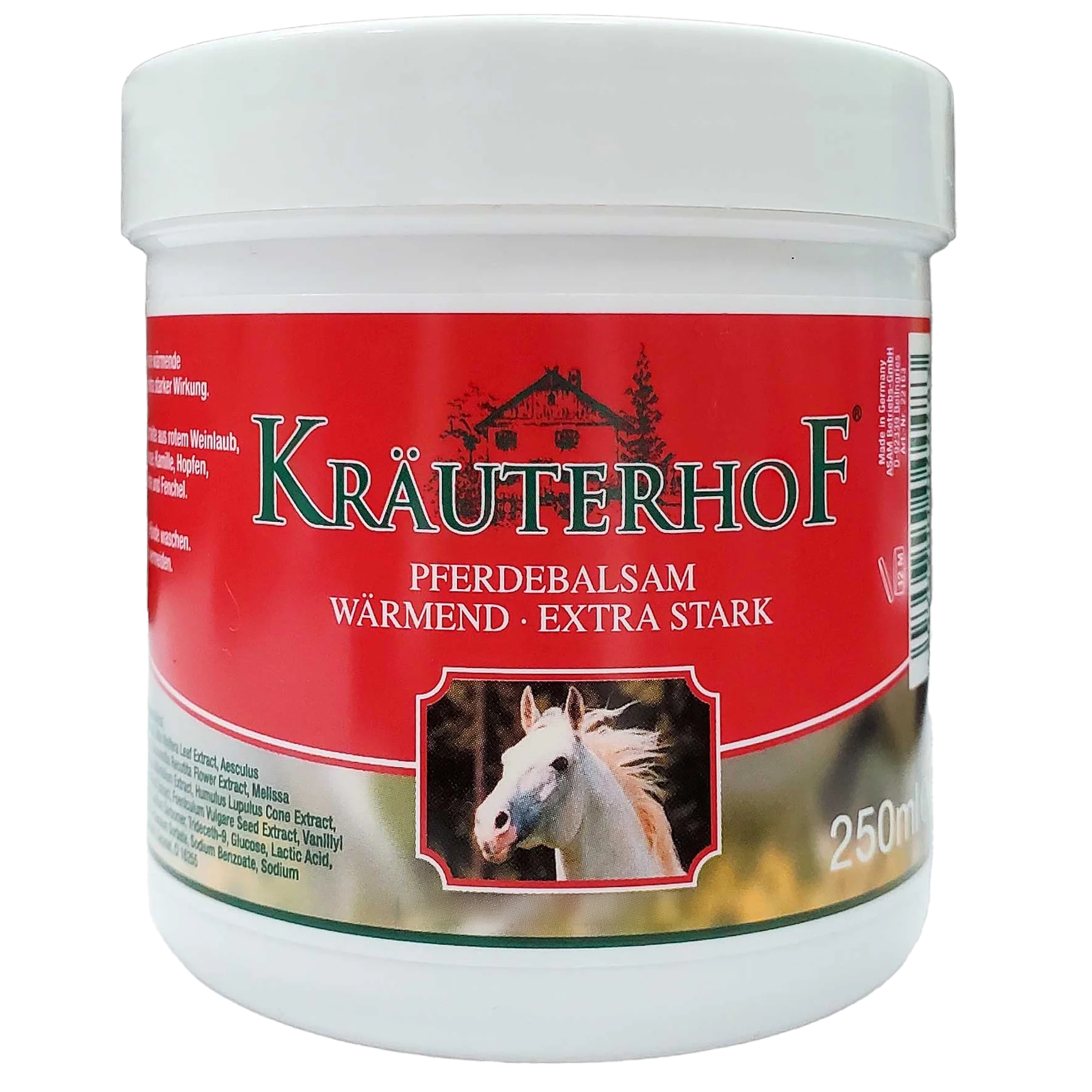 A white plastic jar with a red label featuring the brand "Kräuterhof" written in large green letters. Below the brand name, there are German words "Pferdebalsam Wärmend · Extra Stark," indicating it is a warming, extra-strong horse balm. The label includes an image of a white horse at the center, and additional text is displayed around the jar. The overall design suggests a traditional and herbal remedy product.