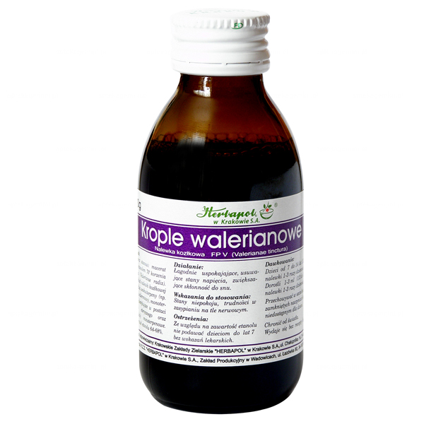Bottle of Herbapol Krakow Valerian Drops, a herbal dietary supplement for nervous system support, with text in Polish, including dosage instructions and warnings.