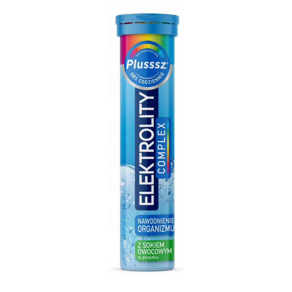 A tube of Plusssz Electrolytes Complex Effervescent Tablets with a blue design, promoting hydration and electrolyte replenishment with fruit juice powder.
