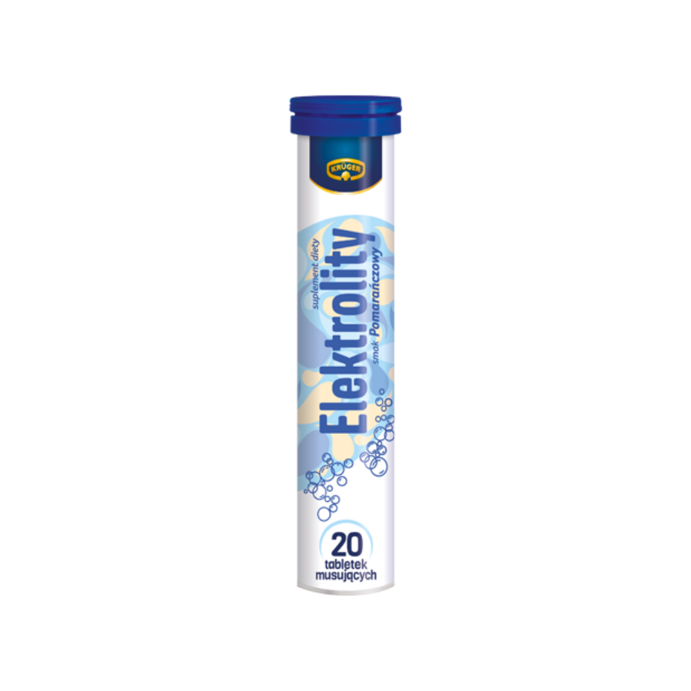 A tube of Krüger Electrolytes Effervescent Tablets with orange flavor, designed for hydration and electrolyte balance with 20 dissolvable tablets.