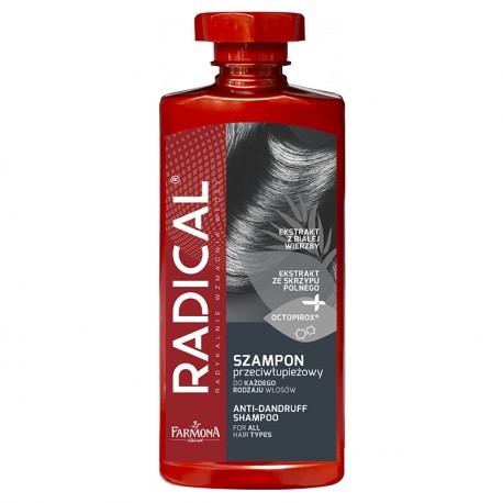 A red bottle of Radical Anti-Dandruff Shampoo for all hair types, enriched with white willow extract, horsetail extract, and Octopirox® for dandruff control and scalp health.