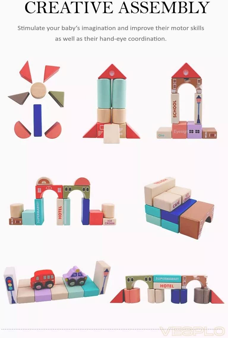 Magic Color City 115 pc. Wooden Block Toy Set for Kids - Image 5