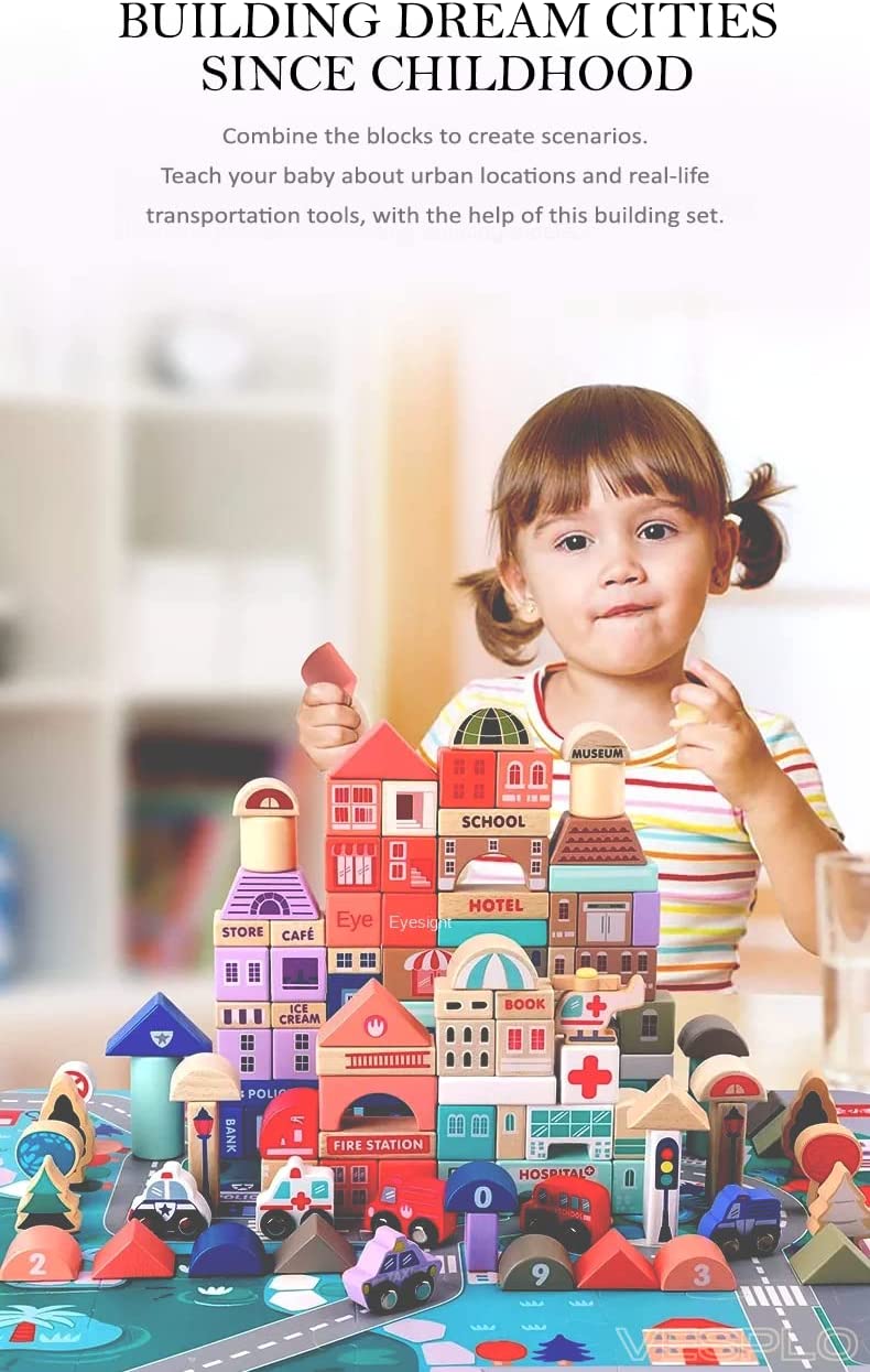 Magic Color City 115 pc. Wooden Block Toy Set for Kids - Image 4