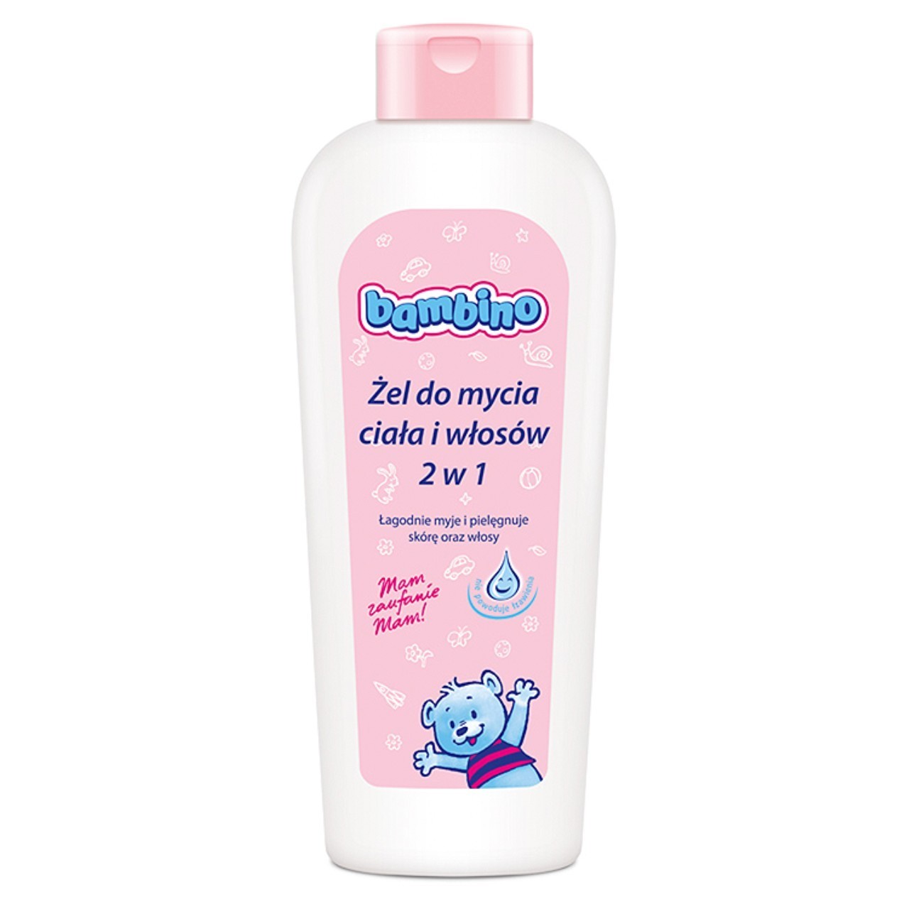 400ml bottle of Bambino 2-in-1 Baby Gel, suitable for both body wash and shampoo. Designed for gentle cleansing of babies from birth, with a skin-friendly pH that does not irritate eyes. The product is showcased in a white bottle with blue and orange accents, highlighting its non-toxic formula ideal for delicate skin and hair.