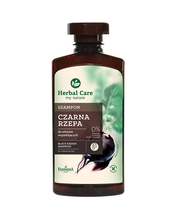 A bottle of Herbal Care Black Radish Shampoo designed to reduce hair loss and strengthen hair with natural ingredients.