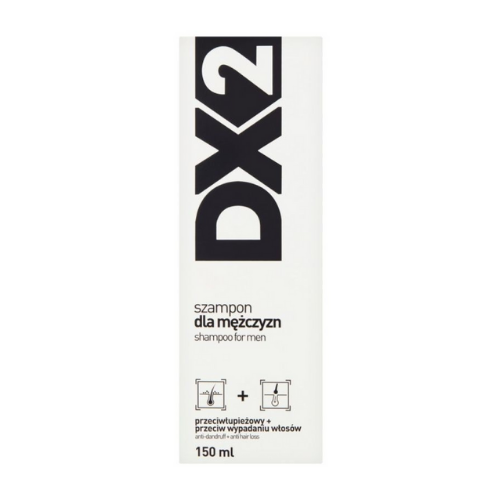 DX2 Shampoo for Men, 150ml bottle packaging with anti-hair loss and anti-dandruff benefits.