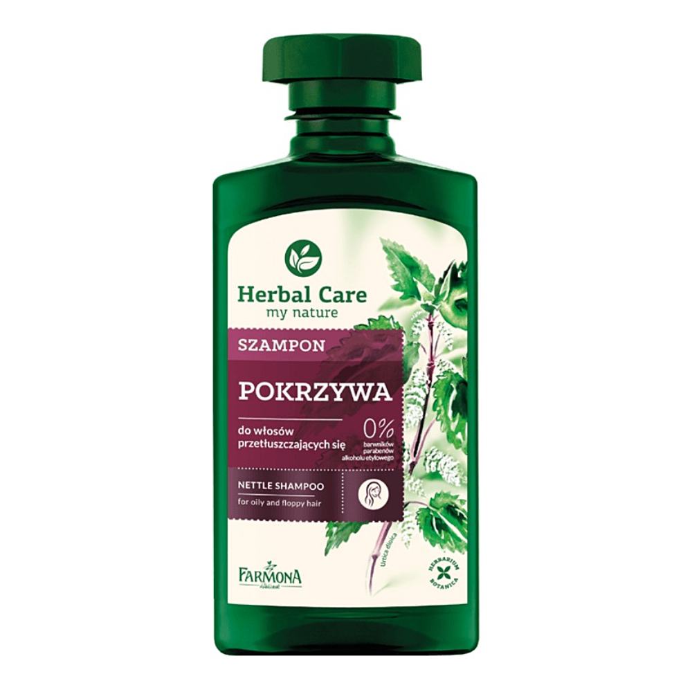 A bottle of Herbal Care Black Radish Shampoo designed to reduce hair loss and strengthen hair with natural ingredients.