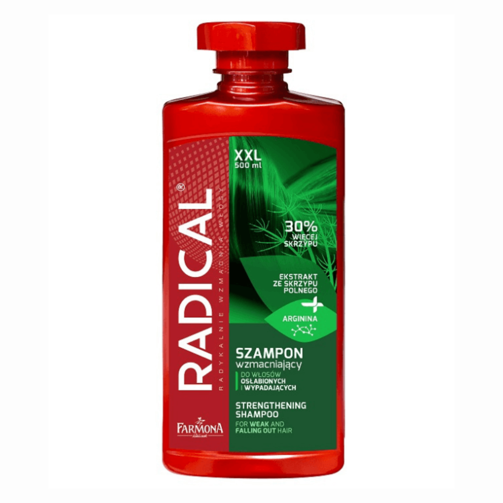A red bottle of Radical Strengthening Shampoo for weak and falling-out hair, enriched with horsetail extract and arginine for stronger, healthier hair.