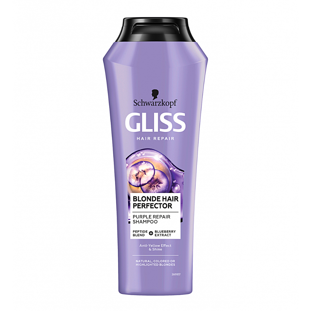Schwarzkopf Gliss Blonde Hair Perfector Purple Shampoo bottle, anti-yellow formula with blueberry extract.