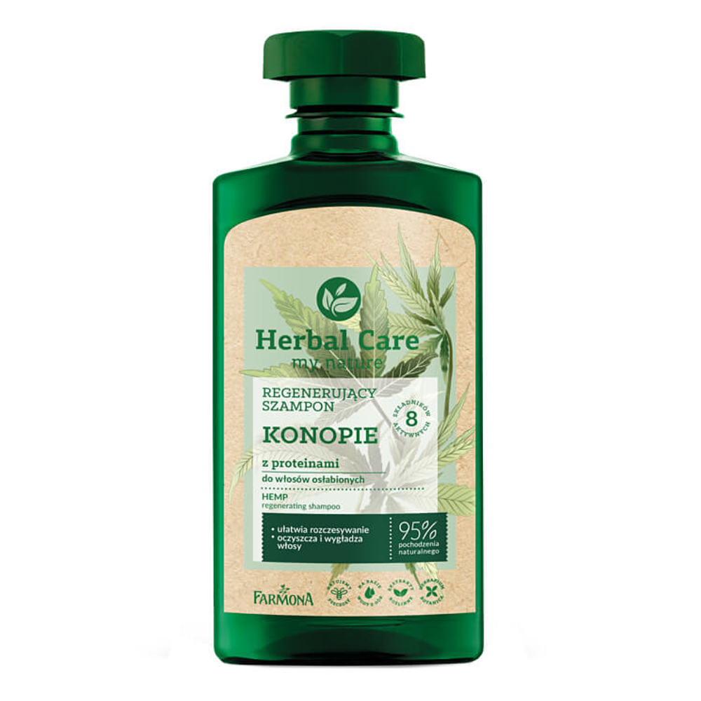 A green bottle of Herbal Care Hemp Regenerating Shampoo with hemp extract, designed to restore and strengthen weakened hair.